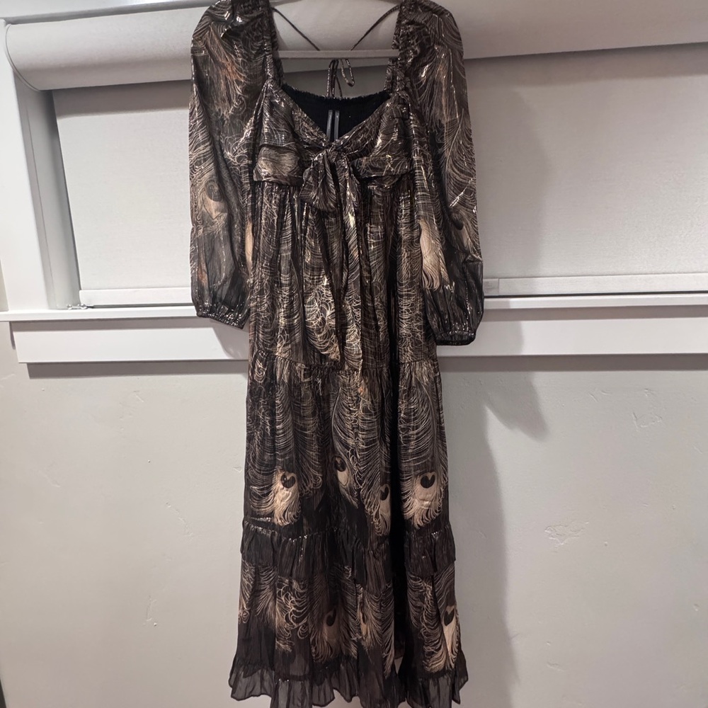 Anthropologie Brown Sheer Peacock-Print Maxi Dress